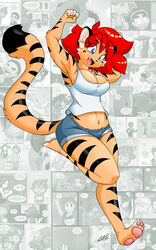  5:8 anthro big_breasts black_stripes blue_eyes bottomwear breasts caribbean_blue chalo chest_tuft clothed clothing denim denim_clothing felid female fur hair hi_res inner_ear_fluff las_lindas mammal navel open_mouth orange_body orange_fur pantherine red_hair shirt short_hair shorts smile solo stripes tiger tina_(caribbean_blue) topwear tuft 