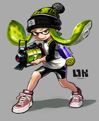  .52_gal_(splatoon) bad_id bad_pixiv_id beanie bike_shorts brown_eyes copyright_name emblem female grey_hair grin gun hat holding holding_weapon ink_tank_(splatoon) inkling inkling_girl inkling_player_character long_hair long_sleeves looking_at_viewer mizuno_(okn66) photoshop_(medium) pointy_ears raglan_sleeves shirt shoes smile sneakers solo splatoon_(series) splatoon_1 standing tentacle_hair twitter_username weapon 