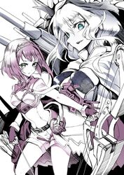  2girls abyssal_ship anchor ark_royal_(kancolle) arrow_(projectile) belt blue_eyes blunt_bangs blush bob_cut bow_(weapon) breasts cannon capelet cleavage_cutout clothing_cutout commentary_request corset european_princess fingerless_gloves flower gloves hair_between_eyes hairband holding holding_arrow holding_weapon jacket kantai_collection kito_(kito2) long_sleeves looking_at_viewer machinery multiple_girls multiple_monochrome open_mouth overskirt parted_lips protected_link quiver ribbon rose short_hair shorts small_breasts smile teeth tiara tsurime wavy_hair weapon 