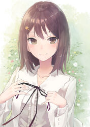  brown_eyes brown_hair commentary_request female flowers_(innocent_grey) hair_ornament hairclip highres kobuta kousaka_mayuri looking_at_viewer ribbon short_hair solo 