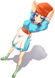  alternate_breast_size amasora_taichi apron bad_id bad_pixiv_id bandana blue_dress commentary_request dragon_quest dragon_quest_ix dress female green_footwear no_bra purple_hair rikka_(dq9) simple_background solo 