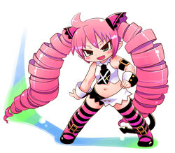  aqua_eyes belt blush demon_tail drill_hair esmerelda fangs female full_body gabyo_nuno long_hair midriff navel necktie open_mouth petite pink_hair saint_october simple_background skirt solo striped striped_legwear tail tsurime twintails 