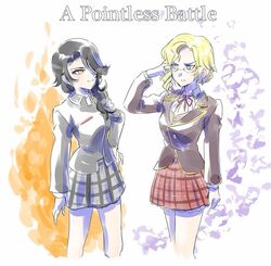  2girls black_hair blonde_hair cinder_fall english_text glasses glynda_goodwitch iesupa multiple_girls rwby school_uniform staring staring_contest 