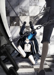  2girls arms_up belt bikini bikini_top_only black_rock_shooter black_rock_shooter_(character) black_shorts bondage bondage boots bound bow chains checkered_floor closed_eyes commentary_request dead_master dress flaming_eye front-tie_top gloves glowing glowing_eye highres jacket legs long_hair majicjiang multiple_girls navel no_shirt perspective photoshop_(medium) ribbon scar scythe shoes short_shorts shorts sitting stitches swimsuit twintails very_long_hair weapon you_gonna_get_raped 