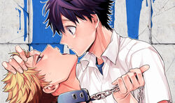  2boys black_hair blue_eyes brown_hair chain_leash chains closed_mouth collar commentary_request eye_contact leash leash_pull looking_at_another male_focus mitsuya_bonjin multiple_boys open_mouth original yaoi 