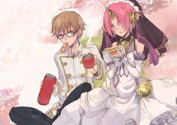  1boy bare_shoulders blue_eyes brown_hair caules_forvedge_yggdmillennia commentary_request detached_sleeves dress eating fate/apocrypha fate_(series) female frankenstein&#039;s_monster_(fate) gloves holding horns kitakazepanda mechanical_horns pink_hair short_hair single_horn sitting veil weapon white_dress white_gloves 