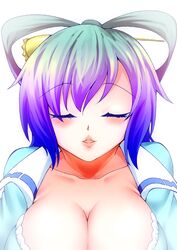  akahito_(kemoyuru) bad_id bad_pixiv_id blue_dress blue_hair breasts cleavage closed_eyes collarbone commentary_request dress eyelashes female hair_ornament hair_rings hair_stick highres huge_breasts incoming_kiss kaku_seiga mole solo touhou upper_body white_background 