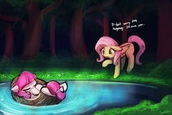  3:2 abandoned detailed_background digital_media_(artwork) duo equid equine female feral fluttershy_(mlp) forest friendship_is_magic hasbro horse lagoon lily_longsocks_(mlp) lonely lumineko mammal my_little_pony outside plant pony shy tired tree water 