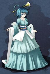  &gt;:) adapted_costume blue_dress blue_eyes blue_hair breasts collarbone commentary_request dress female flower hair_ornament hair_rings hair_stick highres kaku_seiga large_breasts looking_at_viewer nj42u6 obi photoshop_(medium) sash shawl smile solo touhou v-shaped_eyebrows wide_sleeves 