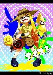  aiming aiming_at_viewer aji_(coastal_area) artist_name blonde_hair chains commentary_request cosplay english_text engrish_text fangs female full_body gradient_background hat heavy_splatling_(splatoon) highres inkling_girl inkling_player_character jojo_no_kimyou_na_bouken joseph_joestar joseph_joestar_(old) joseph_joestar_(old)_(cosplay) jpeg_artifacts letterboxed one_eye_closed open_mouth paint_splatter pointy_ears polka_dot polka_dot_background polo_shirt ranguage shorts smile splatoon_(series) splatoon_1 squid tentacle_hair translated wristband yellow_eyes 