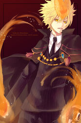  1boy blonde_hair cape commentary_request fire giotto_(reborn) katekyo_hitman_reborn! lancha male_focus necktie photoshop_(medium) solo tassel yellow_eyes 