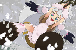  aasara black_hair blue_eyes blush commentary_request dress female from_below happy itezora_konayuki katanagatari looking_at_viewer multicolored_eyes multicolored_hair open_mouth pink_eyes snow solo sword teeth weapon white_dress white_hair 