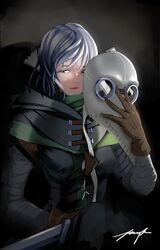  bad_id bad_pixiv_id darkest_dungeon female gloves green_eyes grey_hair holding holding_mask houtachi knife looking_at_viewer mask photoshop_(medium) plague_doctor plague_doctor_(darkest_dungeon) solo unworn_mask 