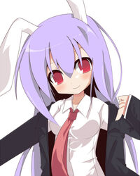  animal_ears bad_id bad_pixiv_id blush female kita_senju long_hair lowres necktie purple_hair rabbit_ears red_eyes red_necktie reisen_udongein_inaba smile solo touhou 