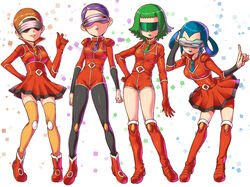  4girls aliana_(pokemon) ankle_boots belt bent_over blue_hair blue_lips boots brown_hair bryony_(pokemon) celosia_(pokemon) commentary_request gloves green_hair green_lips head-mounted_display knee_boots lipstick mable_(pokemon) makeup miniskirt multiple_girls necktie pantyhose pleated_skirt pokemon pokemon_xy purple_hair purple_lips red_footwear red_gloves red_legwear short_hair shoulder_pads skirt smile team_flare thighhighs tinted_eyewear tsuru_ringo very_short_hair zettai_ryouiki 