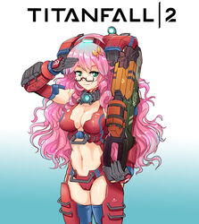  1other animification armor backpack bag breasts butterfly_on_hair cannon cleavage copyright_name female glasses gloves green_eyes gun hair_ornament hmage holding holding_cannon holding_gun holding_weapon long_hair machine_gun mecha_musume medium_breasts monarch_(titanfall_2) navel personification photoshop_(medium) pink_hair stomach thighhighs titan_(titanfall) titanfall_(series) titanfall_2 weapon xo_chaingun 