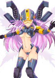  armor boots breasts female helmet highres hmage long_hair mecha_musume medium_breasts missile_pod northstar_(titanfall) personification photoshop_(medium) pink_hair simple_background skindentation stomach thighhighs thrusters titan_(titanfall) titanfall_(series) titanfall_2 underboob visor_(armor) weapon yellow_eyes 