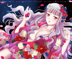  ariga_nao birthday breasts character_name cleavage collarbone commentary_request dated female grey_hair idolmaster idolmaster_(classic) japanese_clothes kimono long_hair medium_breasts open_clothes open_kimono red_eyes shijou_takane solo 