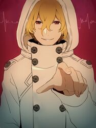  1boy bad_id bad_twitter_id bleach bleach:_sennen_kessen-hen blonde_hair coat fingernails gremmy_thoumeaux hair_between_eyes hood male_focus military military_uniform quincy_(bleach) red_eyes smile solo trench_coat uniform wandenreich wandenreich_uniform yukin_(es) 