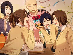  4boys :d asano_keigo asano_mizuho ayasegawa_yumichika bad_id bad_pixiv_id bald birthday_cake bleach blush brown_hair cake female folded_ponytail food jewelry kojima_mizuiro madarame_ikkaku multiple_boys necklace necktie open_mouth party_popper photoshop_(medium) profile school_uniform smile striped striped_necktie v yukin_(es) 