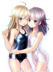  2girls ;o ahoge amamiya_minato aqua_eyes bad_id bad_pixiv_id bare_arms bare_shoulders blonde_hair blush breast_press breasts cheek-to-cheek chestnut_mouth collarbone cowboy_shot from_side hair_ornament hair_ribbon hand_on_another&#039;s_hip heads_together long_hair looking_at_viewer multiple_girls old_school_swimsuit one-piece_swimsuit one_eye_closed open_mouth original photoshop_(medium) purple_eyes ribbon school_swimsuit shiny_clothes silver_hair skindentation small_breasts smile swimsuit thighhighs wet wet_clothes white_legwear white_one-piece_swimsuit 