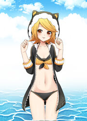  :p adapted_costume animal_hood ass_visible_through_thighs bikini black_bikini black_jacket blonde_hair blue_sky blush breasts cat_hood cleavage closed_mouth cloud collarbone commentary_request day female fur_trim head_tilt highres hood hood_up jacket kagamine_rin kunoichi_demo_koi_ga_shitai_(vocaloid) long_sleeves looking_at_viewer md5_mismatch mismatched_bikini nail_polish navel open_clothes open_jacket orange_eyes orange_konkon_(module) partial_commentary project_diva_(series) project_diva_x resolution_mismatch sailor_bikini sailor_collar short_hair sky small_breasts smile solo source_smaller stomach sudachi_(calendar) sweat swept_bangs swimsuit tareme thighs tongue tongue_out unzipped vocaloid w_arms wading water yellow_bikini yellow_nails zipper 