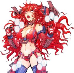  animification backpack bag breasts cleavage clenched_hands covered_nipples electricity energy energy_barrier female glowing glowing_eyes hmage honeycomb_(pattern) large_breasts long_hair mecha_musume missile_pod monarch_(titanfall_2) open_mouth personification red_eyes red_hair science_fiction simple_background stomach thighhighs titan_(titanfall) titanfall_(series) titanfall_2 transparent_background weapon 