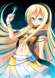  blonde_hair blue_eyes cable cd collar commentary_request der_junge female headphones lily_(vocaloid) long_hair midriff navel skirt smile solo vocaloid 