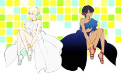  1boy alternate_color androgynous asymmetrical_sleeves black_hair braid commentary_request dark-skinned_male dark_skin dress hair_ornament jewelry king_of_prism king_of_prism_by_prettyrhythm kisaragi_louis midriff mitsuya_bonjin multicolored_background necklace patterned_background pretty_rhythm pretty_series sandals short_hair sitting uneven_sleeves yellow_eyes 