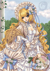  basket blonde_hair blue_eyes bonnet commentary_request dress female flower frills gown lolita_fashion long_hair original photoshop_(medium) pillar ribbon rococo_movement sanmi_tenten sheaf solo too_many too_many_frills victorian wheat 