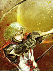  1boy blonde_hair castlevania:_lament_of_innocence castlevania_(series) commentary_request gloves highres leon_belmont male_focus solo surcoat tetra_takamine whip 