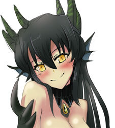  black_hair breasts cleavage dragon dragon_girl female mamono_girl_lover monster_girl monster_girl_encyclopedia scales simple_background smile solo white_background wizard898 wyrm_(mamono_girl_lover) wyrm_(monster_girl_encyclopedia) yellow_eyes 