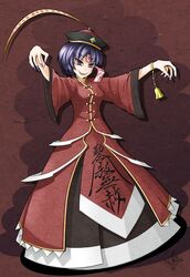  &gt;:) adapted_costume bell commentary_request dress evil_smile female fingernails grin hat highres jiangshi long_fingernails miyako_yoshika nail_polish nj42u6 ofuda photoshop_(medium) purple_eyes purple_hair scar sharp_teeth short_hair smile solo teeth text_focus touhou v-shaped_eyebrows wide_sleeves wristband writing 