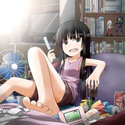  barefoot black_hair black_shorts book bookshelf broken_chopsticks can casual chopsticks commentary_request computer contemporary day drink_can electric_fan eva_01 female figure food fujiwara_no_mokou gogiga_gagagigo half-split_chopsticks handheld_game_console highres houraisan_kaguya inaba_tewi indoors long_hair lying monitor neet neon_genesis_evangelion nintendo_ds nissin_cup_noodle otaku popsicle reisen_udongein_inaba shorts soda_can solo takenoko_no_sato touhou touhou_ningyougeki trash 