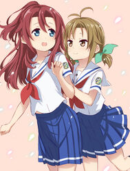  2girls abe_kanari antenna_hair badge blue_eyes blue_skirt brown_eyes brown_hair cherry_blossoms commentary_request hair_ribbon high_school_fleet himeji_kayoko long_hair low_twintails matsunaga_ritsuko multiple_girls neckerchief petals photoshop_(medium) pink_background pleated_skirt red_neckerchief ribbon sailor_collar school_uniform serafuku short_hair short_sleeves simple_background skirt twintails white_sailor_collar yokosuka_girls_marine_high_school_uniform 