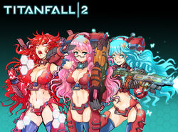  3girls armor backpack bag blue_eyes blue_hair breasts butterfly_on_hair cannon cleavage clenched_hands copyright_name crazy_smile electricity energy firing gloves glowing glowing_eyes green_eyes gun highres hmage holding holding_cannon holding_gun holding_weapon honeycomb_(pattern) large_breasts long_hair machine_gun mecha_musume medium_breasts missile_pod monarch_(titanfall_2) multiple_girls multiple_persona open_mouth parted_lips personification photoshop_(medium) pink_hair red_eyes red_hair smile stomach thighhighs titan_(titanfall) titanfall_(series) titanfall_2 weapon xo_chaingun 