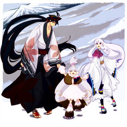  1boy 2girls ^_^ black_hair closed_eyes commentary_request height_difference holding_hands itezora_konayuki japanese_clothes katanagatari kimono long_hair mountain multiple_girls photoshop_(medium) pulling red_eyes sash size_difference snow togame tom2940 topknot very_long_hair white_hair yasuri_shichika 