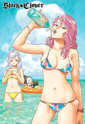  3girls bikini black_clover black_hair bottle breasts charmy_pappitson cleavage large_breasts long_hair multiple_girls noelle_silva pink_hair silver_hair twintals vanessa_enoteca water 