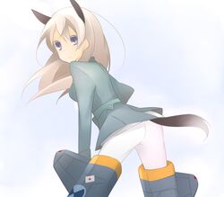  animal_ears ass bad_id bad_pixiv_id blonde_hair blue_eyes eila_ilmatar_juutilainen female fox_ears fox_girl fox_tail kinokosuke long_hair military military_uniform pantyhose solo strike_witches striker_unit tail uniform white_pantyhose world_witches_series 