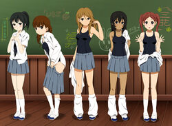  5girls black_eyes black_hair brown_eyes brown_hair chalkboard commentary_request dark-skinned_female dark_skin extra food fruit k-on! legs long_hair loose_socks makigami_kimiko miyamoto_akiyo multiple_girls one-piece_swimsuit outstretched_hand revision saeki_mika sakuragaoka_high_school_uniform school_swimsuit school_uniform shian_(my_lonly_life.) shoes socks strawberry swimsuit swimsuit_under_clothes tachibana_himeko twintails undressing uwabaki wakaouji_ichigo white_legwear 