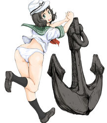  anchor ass black_hair commentary_request female from_behind green_eyes hat looking_back michael-x murasa_minamitsu no_pants panties revision sailor sailor_hat short_hair solo touhou underwear white_panties 