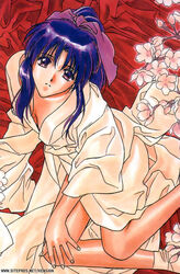  female flower japanese_clothes kamiya_kaoru kimono legs perspective ponytail red_theme rurouni_kenshin solo watermark watsuki_nobuhiro 