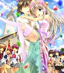  1boy 6+girls a-chan_senpai angel_beats! arizuki_shiina arizuki_ui bad_id bad_pixiv_id balloon blonde_hair blue_eyes bride brown_hair carrying church closed_eyes company_connection crossover dress formal futaki_kanata gun himuro_yuuki key_(company) kud_wafter little_busters! multiple_girls naoe_riki noumi_kudryavka onaka_sukisuki one_eye_closed panties pantyshot princess_carry school_uniform short_hair suit tachibana_kanade thighhighs tokido_saya underwear weapon wedding wedding_dress 