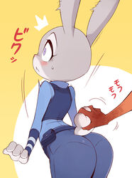  1boy :&lt; animal_tail ass blush bunny_ears bunny_tail disney female female from_behind furry grope judy_hopps nick_wilde police_uniform purple_eyes rabbit surprised tail tail_grab toku_(ke7416613) touch_fluffy_tail uniform vest zootopia 