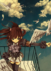  armband bad_id bad_pixiv_id bird blue_eyes cloud female frills hair_bobbles hair_ornament perspective red_hair ringo_komachi skirt solo thighhighs umineko_no_naku_koro_ni ushiromiya_ange 