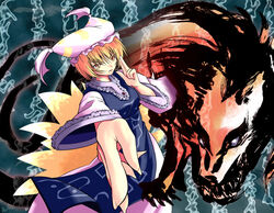  bad_id bad_pixiv_id blonde_hair female fox fox_tail hands hat konoe_yuba multiple_tails short_hair solo tail touhou yakumo_ran yellow_eyes 