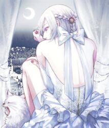  albino animal back bad_id bad_pixiv_id beads bow braid building city crescent curtains dress feline female fingernails formal frills from_behind hair_ornament indoors long_fingernails mado_akira nail_polish night night_sky open_mouth purple_eyes short_hair sitting sky solo tokyo_ghoul transparent white_bow white_dress white_hair xino yawning zipper 