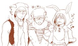  3boys animal_hood blush closed_eyes commentary_request cosplay dog_hood embarrassed glasses gloves heart himeno_kanon himeno_kanon_(cosplay) hood idolmaster idolmaster_(classic) idolmaster_cinderella_girls idolmaster_side-m male_focus mittens mofumofuen_(idolmaster) monochrome multiple_boys okamura_nao okamura_nao_(cosplay) open_mouth ponytail producer_(idolmaster) producer_(idolmaster_anime) producer_(idolmaster_cinderella_girls_anime) producer_(idolmaster_side-m_anime) rabbit_hood sanpaku sheep_hat short_hair simple_background smile tachibana_shiro_(idolmaster) tachibana_shiro_(idolmaster)_(cosplay) tori_(driftwood) trembling upper_body vest white_background 