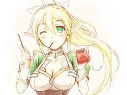  blonde_hair braid breasts cleavage commentary_request elf female food green_eyes ina_(urobronai) large_breasts leafa long_hair one_eye_closed photoshop_(medium) pocky pointy_ears solo sword_art_online twin_braids 