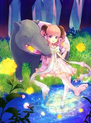  amrta animal_ears bad_id bad_pixiv_id barefoot commentary_request dress feet female grass horns original pink_hair purple_eyes short_hair sitting smile soaking_feet soles solo tapir toes tree vest water wavy_hair 